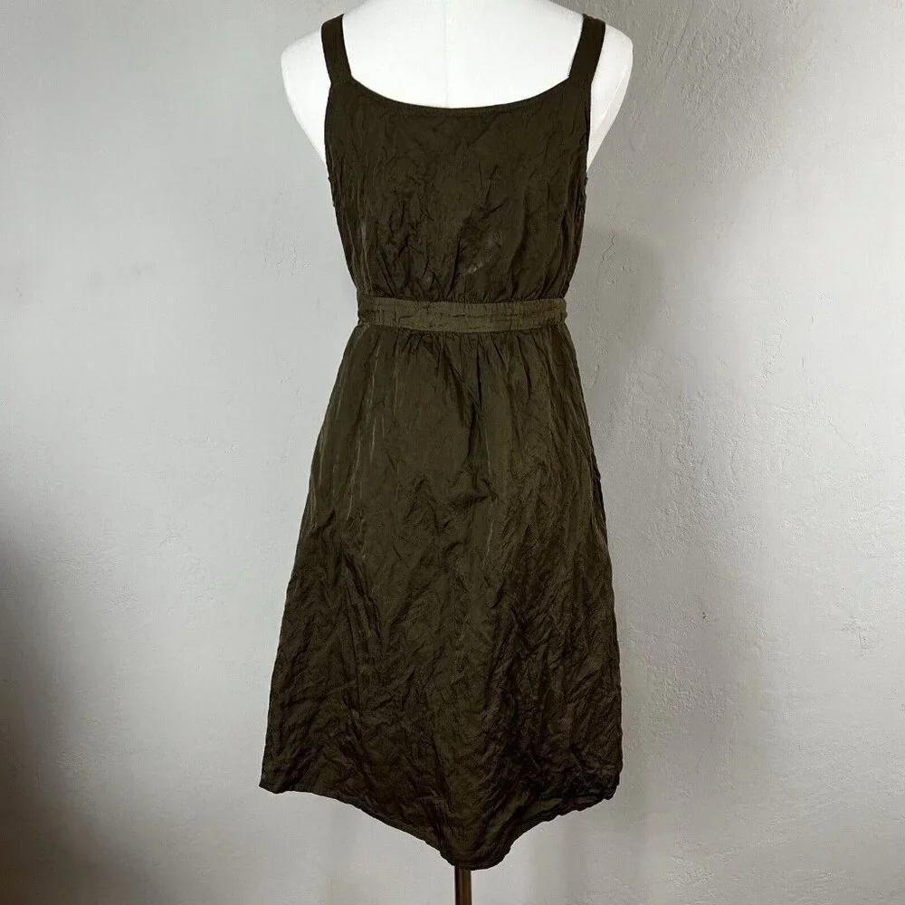 Eileen Fisher Dress Steel Satin‎ Faux Wrap Tie Front Surplice Olivine 4 Petite